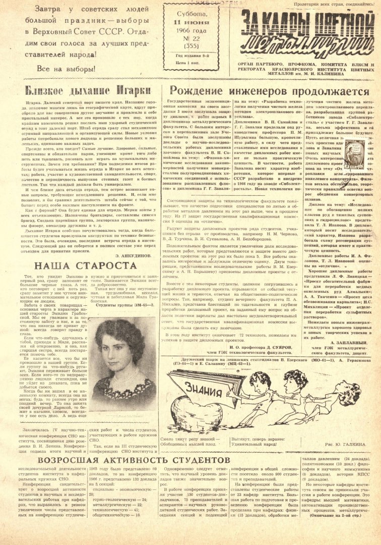 За кадры цветной металлургии : газета. 1966 г. № 22 (355) (11 июня) |  Библиотечно-издательский комплекс СФУ